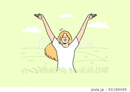 Smiling woman feeling optimistic in summer field Smiling woman feeling optimistic in summer field 93189499