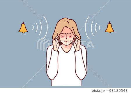 Stressed woman suffer from loud noise Stressed woman suffer from loud noise 93189543
