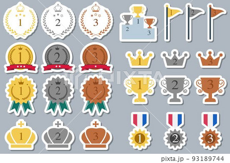 金、銀、銅のメダル、トロフィー、月桂冠と表彰台のステッカー風イラストセット、ランキング素材 93189744
