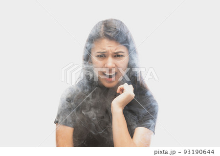 Emotional young dark hair woman with different emotions isolated over white background with clouds of smoke. Concept of mental health, art, emotions 93190644