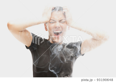 Emotional pain. Young dark hair woman shouting isolated over white background with clouds of smoke. Concept of mental health, art, emotions 93190648