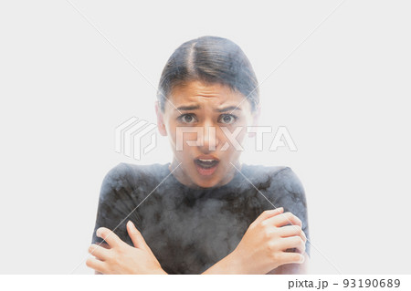 Shock. Emotional young dark hair woman with different emotions isolated over white background with clouds of smoke. Concept of mental health, art, emotions Shock. Emotional young dark hair woman with different emotions isolated over white background with clouds of smoke. Concept of mental health, art, emotions 93190689