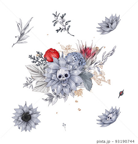 Halloween illustration of evil bouquets of roses and sunflowers with teeth and skulls 93190744