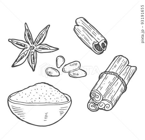 Vector illustration of a square format. Spices. For menus, coffee houses, postcards, print. Cinnamon sticks, star anise, cloves. Lineart on a white background. Banner. 93191655