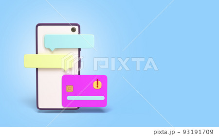 Concept of online bank services support Smartphone with credit card on screen 3d render illustration on blue background 93191709