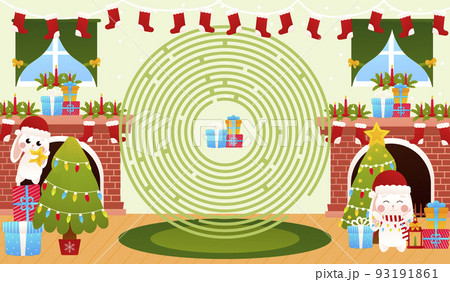 Christmas riddle for kids with cute bunny characters decotrating christmas tree, circle maze game 93191861