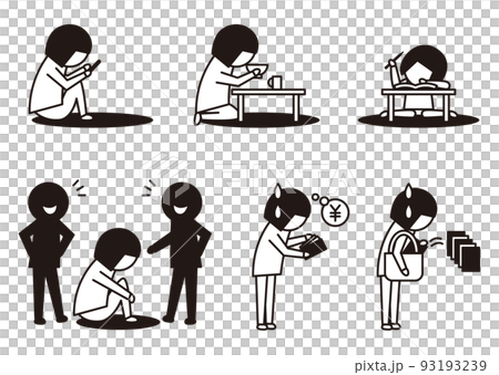 Girl's various problem behavior _ line drawing icon _ monochrome 93193239