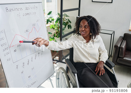 African Businesswoman with disability pointing at flipchart and presenting her business strategy at meeting at office 93193806
