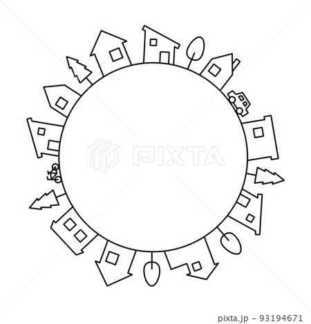 住宅の街並みのラインイラスト（円型、黒色、タイプ2） 93194671