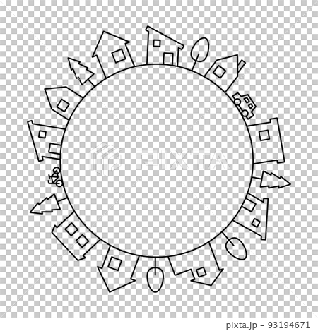 住宅の街並みのラインイラスト（円型、黒色、タイプ2） 93194671