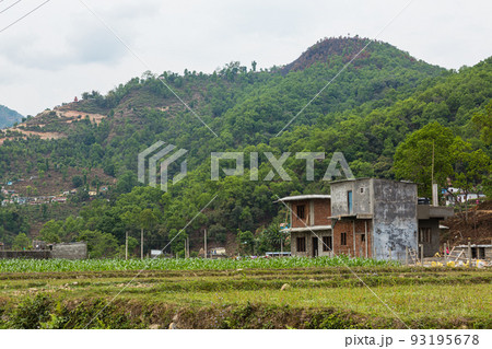 ネパール　ポカラ近郊の民家と田園風景 93195678