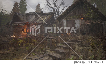 wooden log cabin in pine forest in summer wooden log cabin in pine forest in summer 93196721