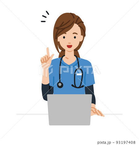 デスクで座ってPCを開いて何かひらめいた看護師の女性 93197408
