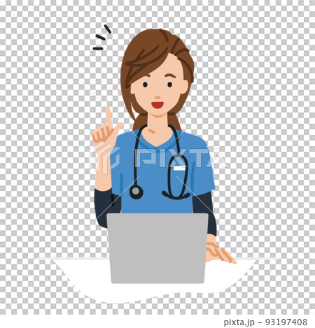 デスクで座ってPCを開いて何かひらめいた看護師の女性 93197408