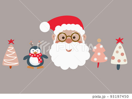 Santa Claus and penguin funny faces set. Christmas cartoon characters and trees. Cute Santa head. Santa Claus and penguin funny faces set. Christmas cartoon characters and trees. Cute Santa head. 93197450