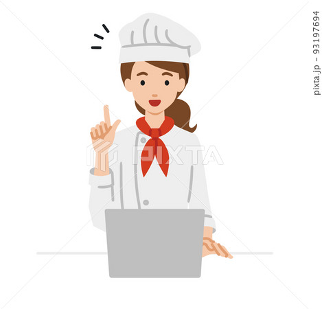 デスクで座ってPCを開いて何かひらめいた調理師の女性 93197694