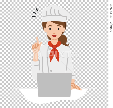 デスクで座ってPCを開いて何かひらめいた調理師の女性 93197694