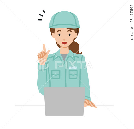 デスクで座ってPCを開いて何かひらめいた作業員の女性 デスクで座ってPCを開いて何かひらめいた作業員の女性 93197695