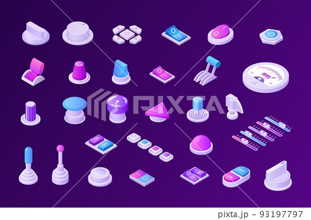 Isometric music switches. Retro futuristic 3D analog slider switchers toggles levers tumblers and knobs for audio and video editing control panel. Vector set 93197797