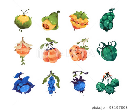 Fantasy fruits asset. Cartoon 2D sprite of colorful magic berries for video game and gambling slot machine, fancy bubble plants. Vector isolated set 93197803