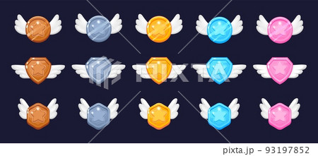 Game achievement badge. Cartoon level up and challenge win rank award from lowest to highest, bronze silver and gold coin game UI asset. Vector set 93197852