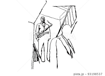 ジャズ、線画、サックス 93198537