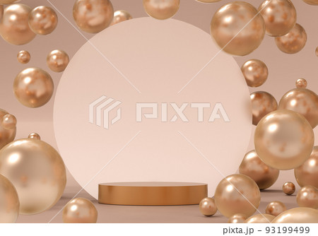 3d rendering of golden podium with spheres. Abstract backdrop for cosmetics and beauty products presentation. Flying particles. Futuristic background. Design for poster with space for text 3d rendering of golden podium with spheres. Abstract backdrop for cosmetics and beauty products presentation. Flying particles. Futuristic background. Design for poster with space for text 93199499