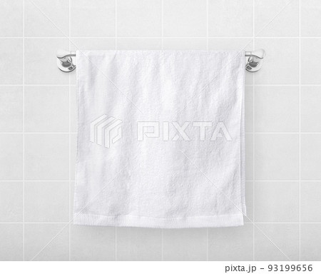 White towels hang on a hanger rod. 93199656