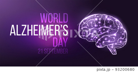 Human brain wireframe. World World Alzheimer's Day concept. Banner template with glowing low poly brain. Futuristic modern abstract. Isolated on dark background. Vector illustration 93200680