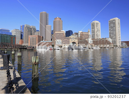 Boston skyline and harbor with boats and Atlantic Ocean on the foreground, USA 93201237