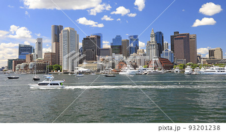 Boston skyline and harbor with boats and Atlantic Ocean on the foreground, USA 93201238