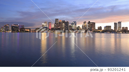 Boston skyline and harbor at dusk with Atlantic Ocean on the foreground, USA  93201241