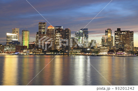 Boston skyline and harbor at dusk with Atlantic Ocean on the foreground, USA  93201242