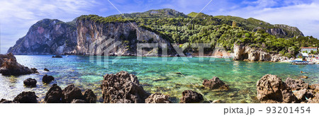 Corfu island. most popular and beautiful Paleokastrtsa tourist village and resort, Ampelaki Beach. Greece, ionian islands 93201454