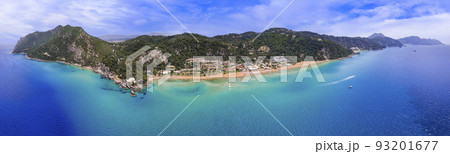 Greece summer holidays. Best scenic beaches of Corfu island - aerial panoramic view of Glyfada and Miriotissa beach in western part 93201677