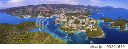 Sivota - stunning aerial view of turquoise sea known as Blue Lagoon and complex of beautiful islands. Epirus, Greece 93201679