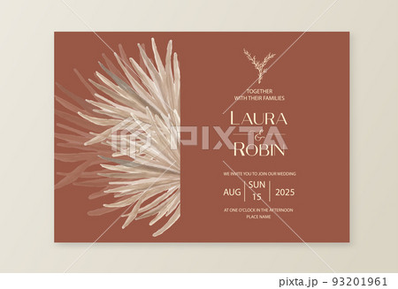 Wedding dried lunaria, pampas grass floral vector card. Watercolor Exotic dried flowers, palm leaves boho invitation template. Save the Date foliage cover, modern poster, trendy design. 93201961