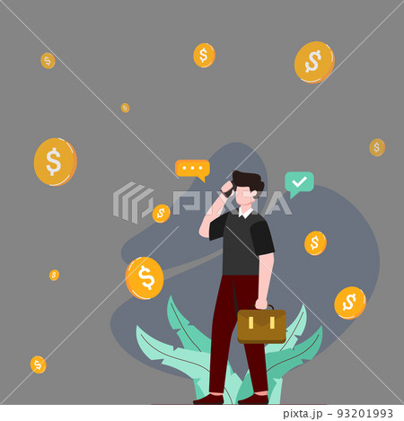 Businessman Standing And Using Phone Holding Briefcase. Executive Holding A Mobile Gadget On Financial Background With Coins And Plant Leaves. Businessman Standing And Using Phone Holding Briefcase. Executive Holding A Mobile Gadget On Financial Background With Coins And Plant Leaves. 93201993
