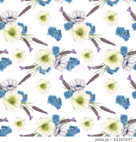 Seamless pattern of floral elements hand-drawn in watercolor. 93202047