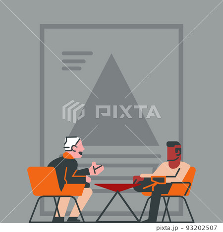 Illustration Of Businessmen Sitting On Chairs Talking About New Amazing Announcement. Two Man Drawing Resting Speaking And Sharing Old Wonderful Ideas. Illustration Of Businessmen Sitting On Chairs Talking About New Amazing Announcement. Two Man Drawing Resting Speaking And Sharing Old Wonderful Ideas. 93202507