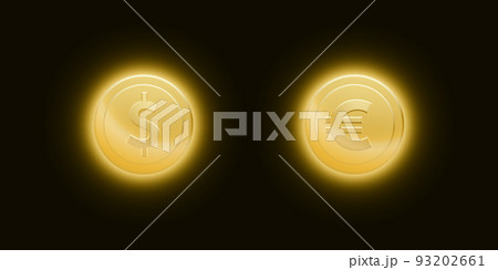 Set of gold dollar and euro coins with a bright glow on dark background 93202661
