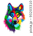 Abstract wolf head, wolf grin, furious wolf from multicolored paints. Colored drawing 93203310