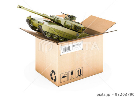 Battle tank inside cardboard box, delivery concept. 3D rendering 93203790