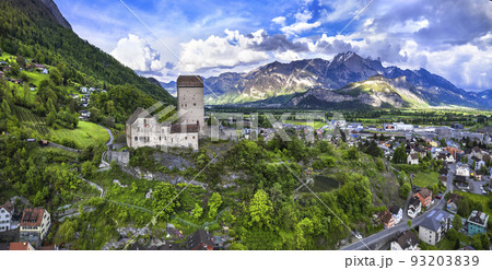 Aerial panoramic view of medieval Sargans castle and town. Historic landmarks of Switzerland, St. Gallen canton Aerial panoramic view of medieval Sargans castle and town. Historic landmarks of Switzerland, St. Gallen canton 93203839