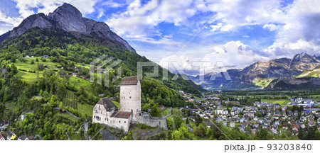 Aerial panoramic view of medieval Sargans castle and town. Historic landmarks of Switzerland, St. Gallen canton Aerial panoramic view of medieval Sargans castle and town. Historic landmarks of Switzerland, St. Gallen canton 93203840