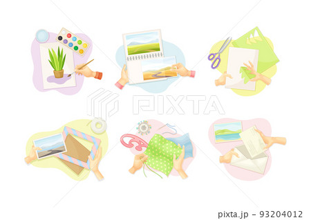 Handcraft with Human Hands Engaged in Painting, Applique, Sewing and Photo Album Making Vector Set 93204012