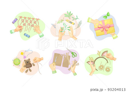 Handcraft with Human Hands Engaged in Needlework, Applique and Crocheting Above View Vector Set 93204013