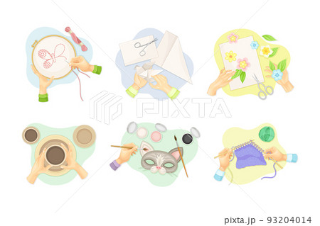 Handcraft with Human Hands Engaged in Tambouring, Origami, Applique, Pottery, Drawing and Crocheting Vector Set 93204014