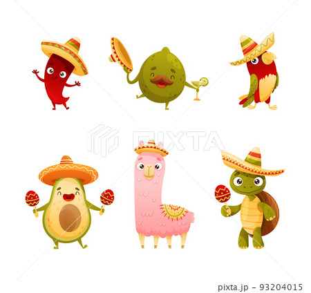 Mexican Culture Symbols with Cute Avocado, Lime, Turtle and Llama in Sombrero Hat Playing Maracas Vector Set 93204015
