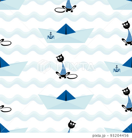 Cat sailor and paper boat with an anchor. Seamless pattern. Design of a nautical pattern with paper boats and a cat on a wavy background for children textiles. Vector illustration 93204456